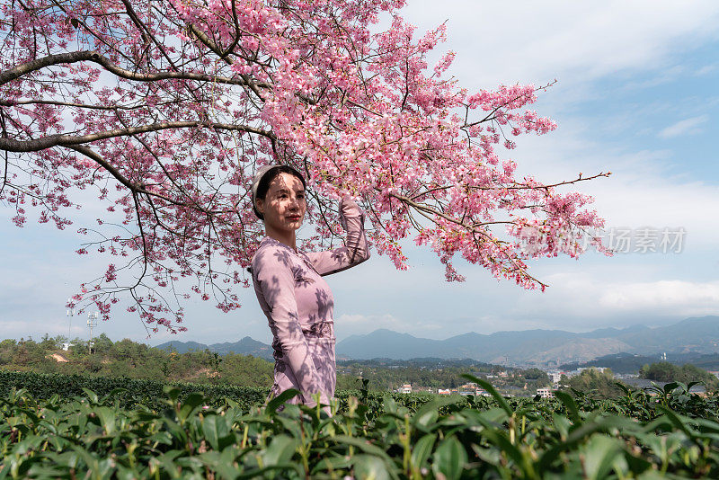 美丽的女士在春天与樱花合影