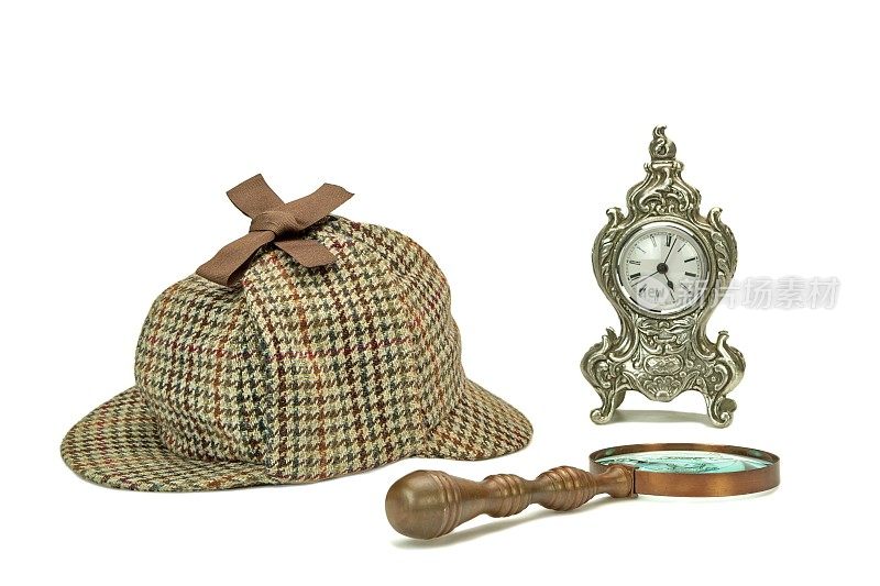 侦探猎鹿帽，古董放大镜和古董钟