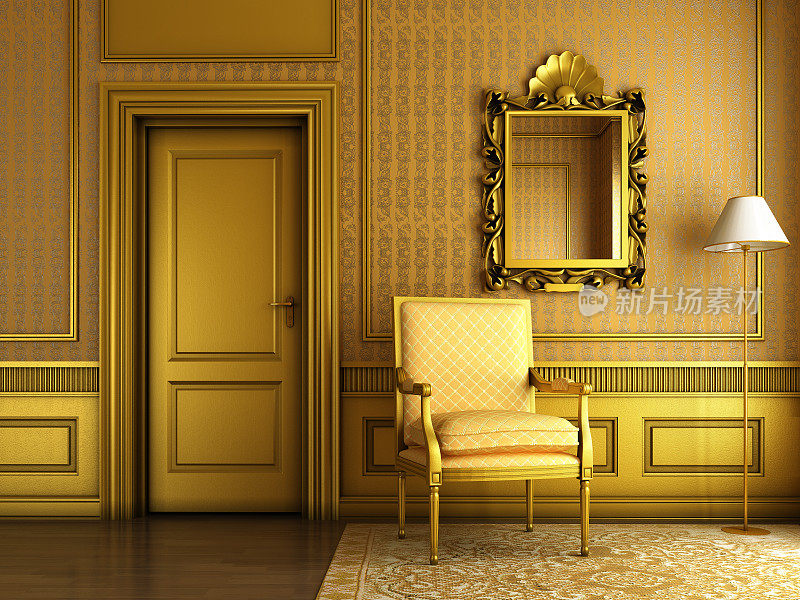 古典宫殿内饰有扶手椅镜和金色的线条