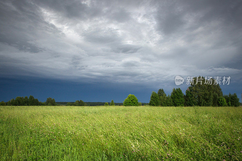 绿色的田野和暴风雨后的天空