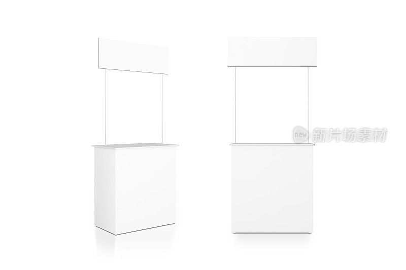 空白白色促销柜台模型站，正面和侧面的观点