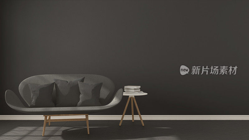 斯堪的纳维亚简约的深色背景，配以灰色沙发人字形天然拼花地板，室内设计