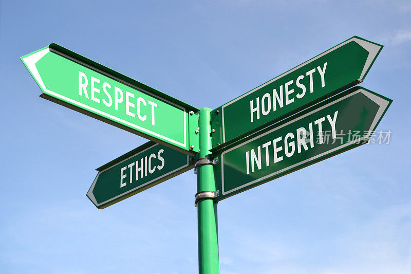 尊重、诚实、道德、正直的路标