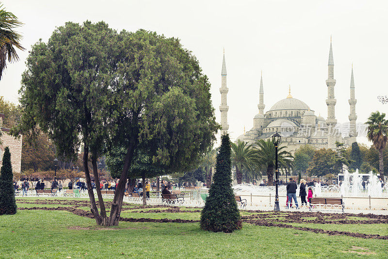 土耳其伊斯坦布尔蓝色清真寺绿色公园景观