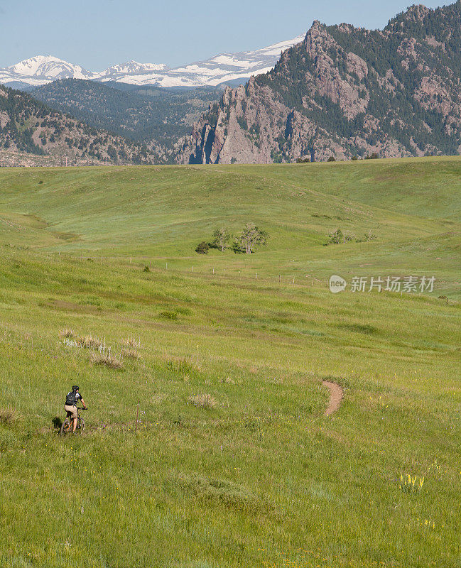 孤独的山地自行车手，高草原和高山