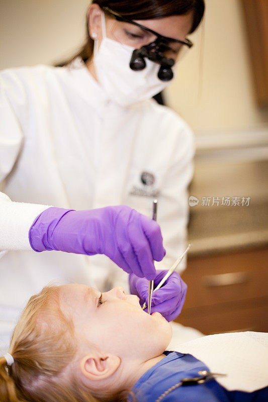 小女孩在牙科诊所接受牙医检查
