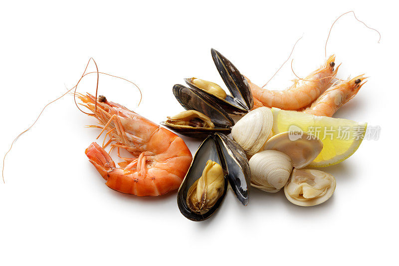 海鲜:虾，对虾，贻贝和蛤蜊孤立在白色的背景