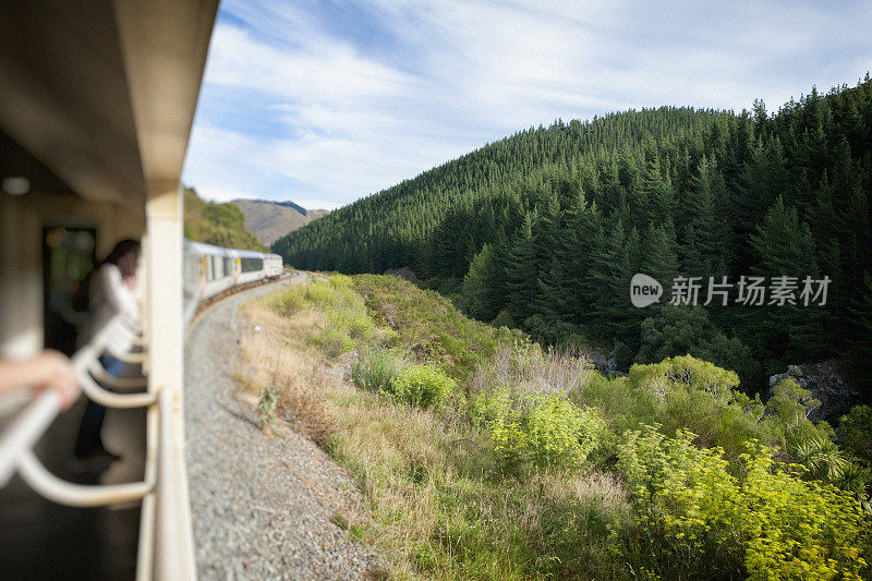 旅客列车穿越新西兰的乡村风景