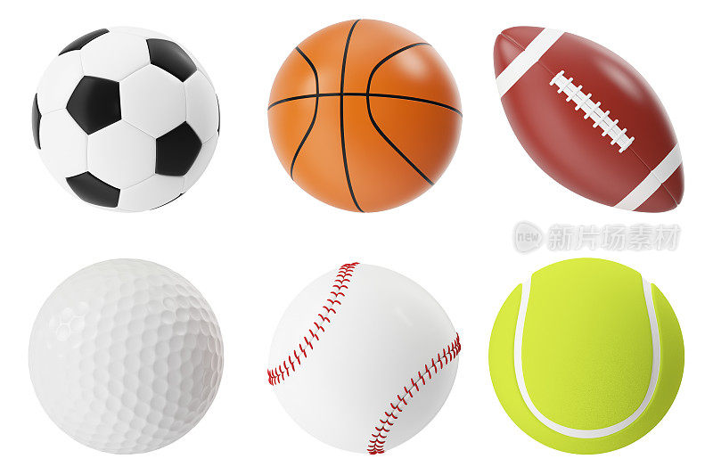 运动球3d插图集。篮球、足球、网球、足球、棒球和高尔夫球