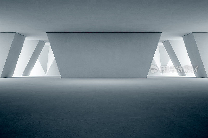 现代展厅的抽象室内设计，以空地板和混凝土墙为背景