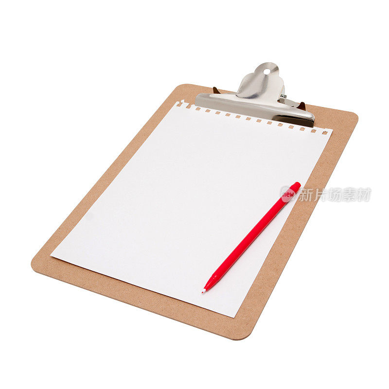 (剪切路径)带有空白记事本的剪贴板，背景为白色