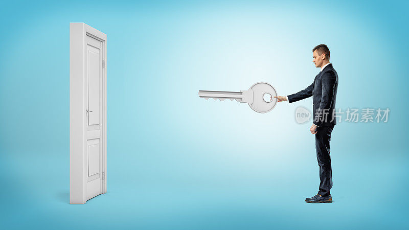 一个商人拿着一把巨大的银色钥匙准备打开一扇蓝色背景的白色隔离门