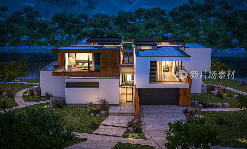 3d渲染现代舒适的房子在晚上的河边