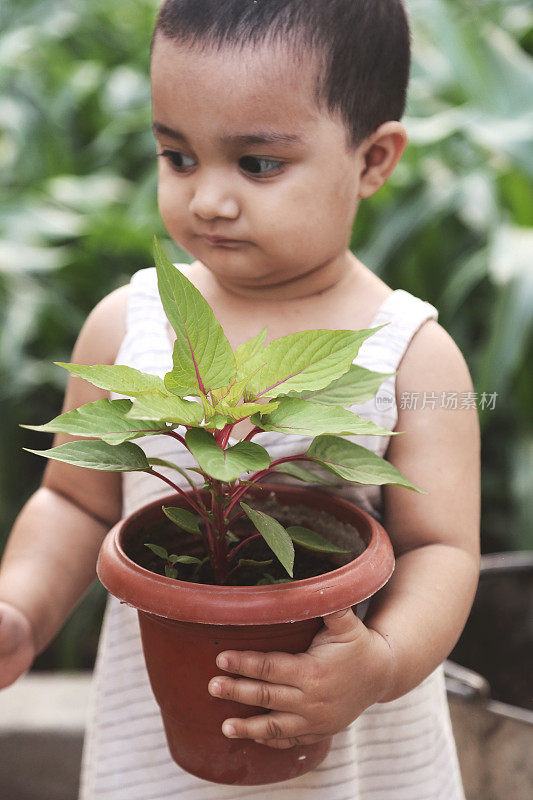 小孩抱着花盆