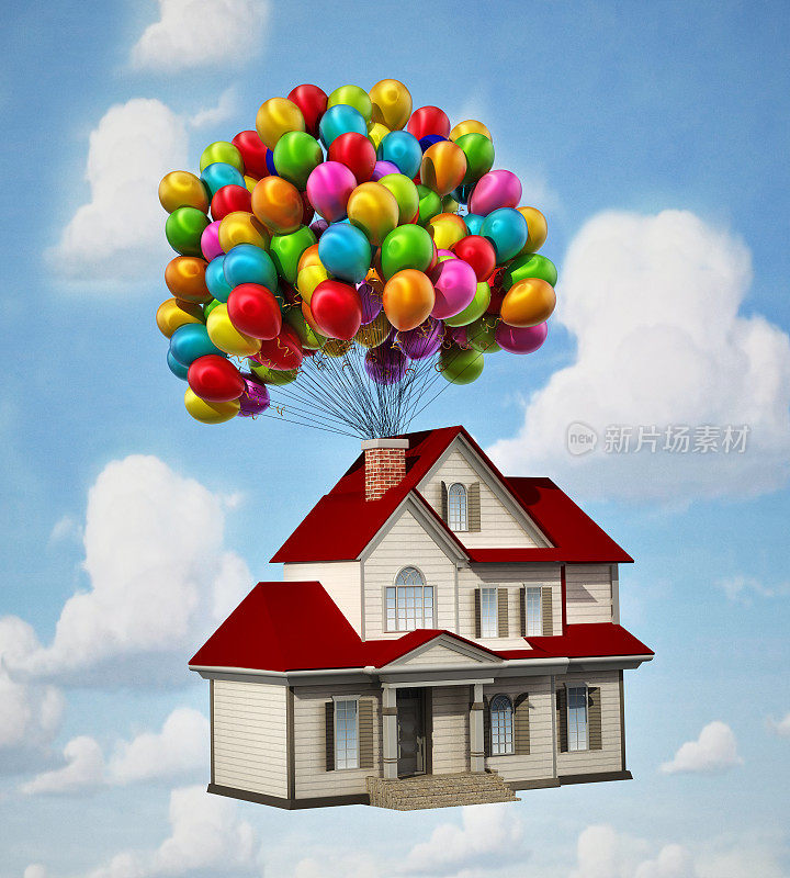 彩色的气球系在房子上