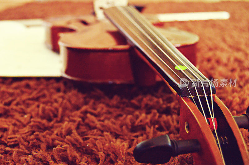 一把小提琴(调音弦、调音盒、弦和琴颈、上一回合、腰部和下一回合可见的部分)放在棕色地毯上，一个水平的镜头