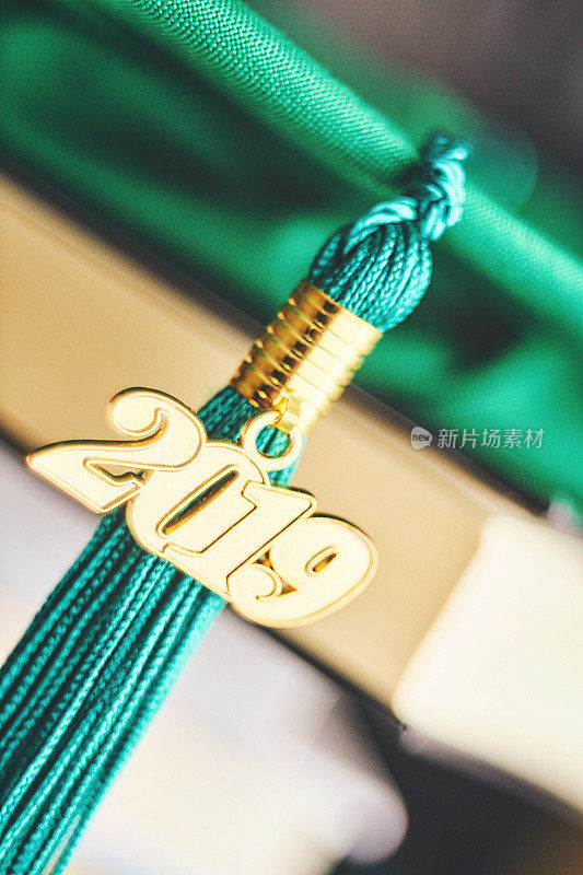 带2019年毕业流苏和书籍的绿色学士帽