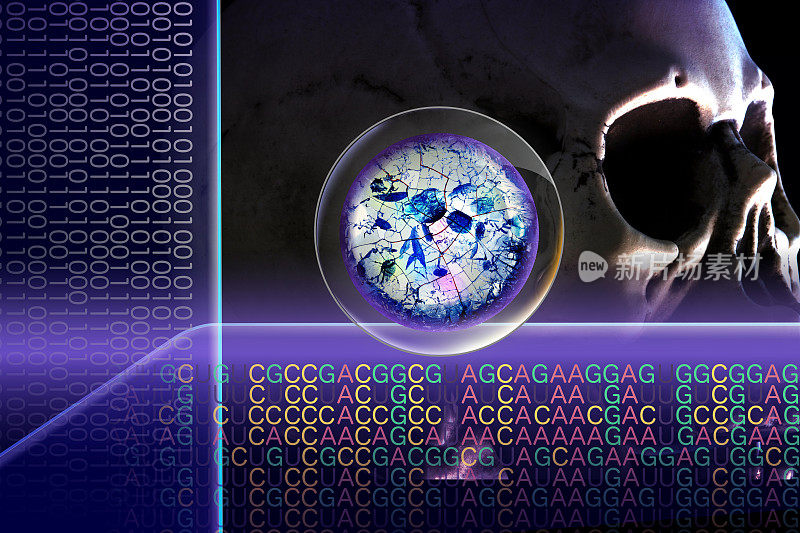 由人类细胞、头骨和遗传密码组成的转基因图像