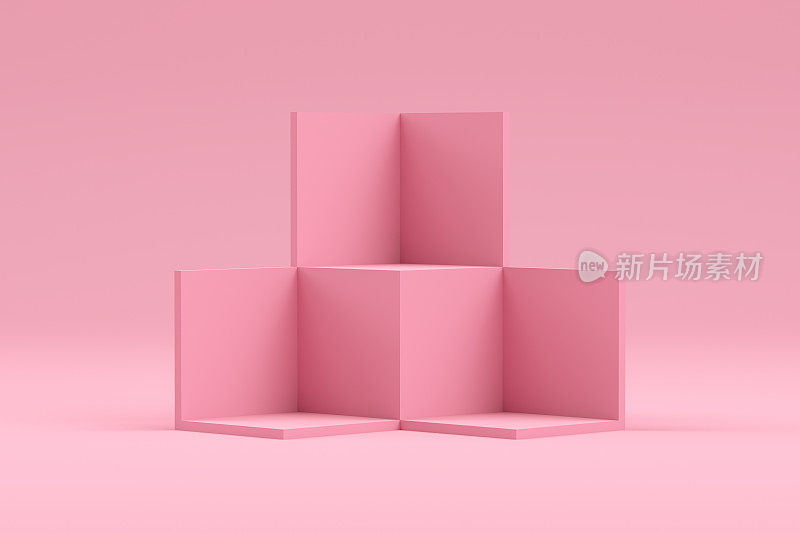 3D空白立方体等距产品站，粉红色背景上的讲台，几何形状抽象的最小背景