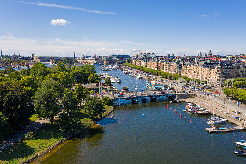 Djurgårdsbron，从空中俯瞰斯德哥尔摩全景。小船港口