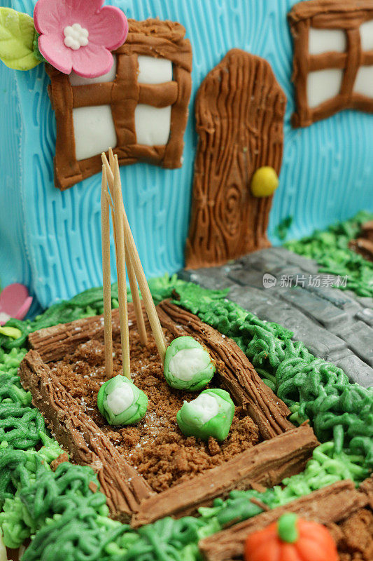 全帧图像的自制蛋糕设计为小屋和花园，黄油糖霜草和方糖糖霜通道，巧克力片种植的饼干屑土壤，方糖糖霜花椰菜和南瓜细节，聚焦前景