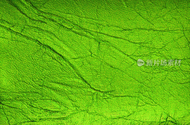 一块皱褶的皮革，人工染成亮绿色并有光泽的印花。