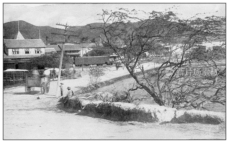 古董黑白照片:夏威夷火奴鲁鲁瓦胡岛火车站