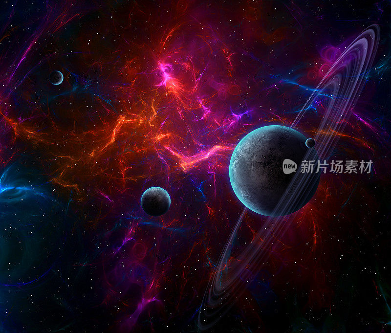 数字生成的空间场景与行星和星云