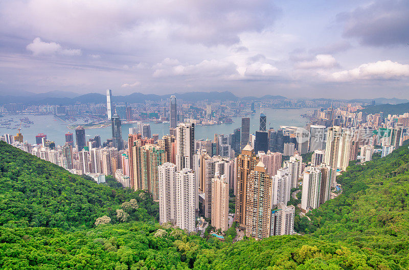 在一个阴天，从太平山俯瞰香港市中心的天际线。