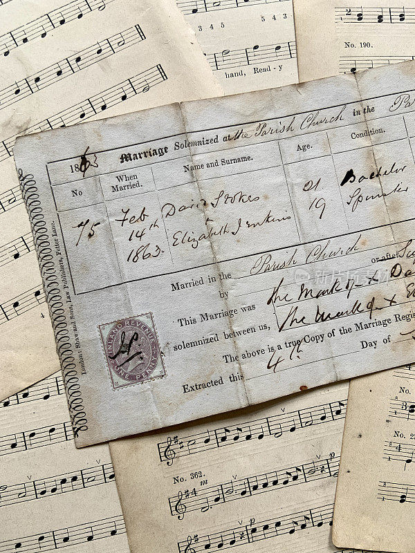 19世纪英国的结婚证和音乐书