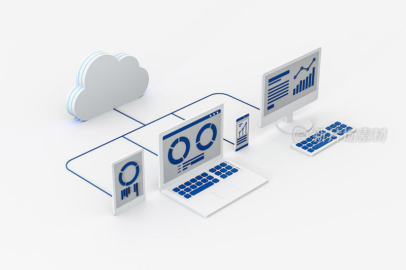 云计算技术的现代等距线三维渲染。数据库、在线服务器、互联网平台业务。信息存储网络概念。