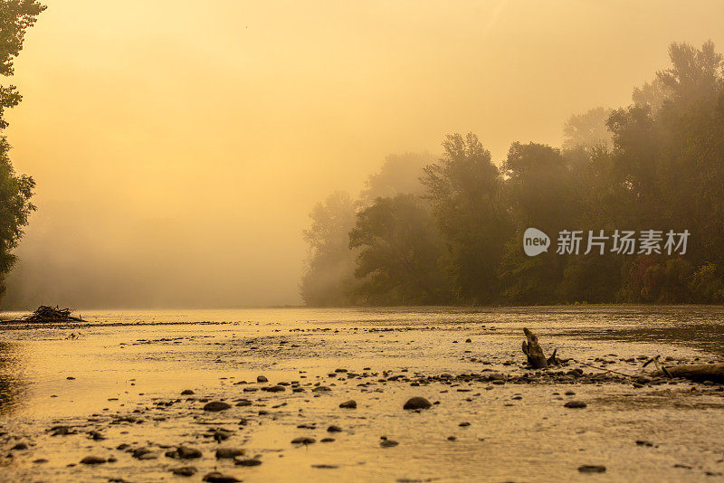 在大雾天气日落时，河流从树林中流过