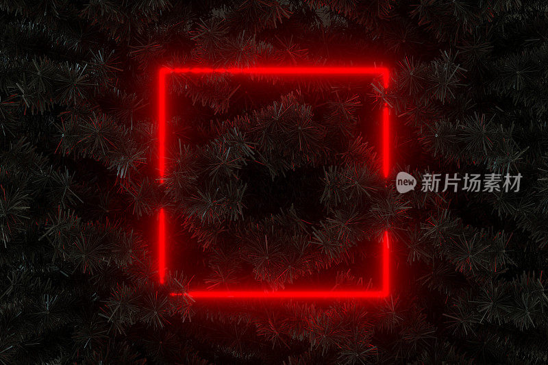 红色霓虹灯空框配黑色圣诞树新年背景