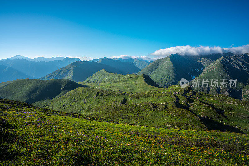 令人惊叹的夏季景观绿色高加索山脉在阳光灿烂的日子