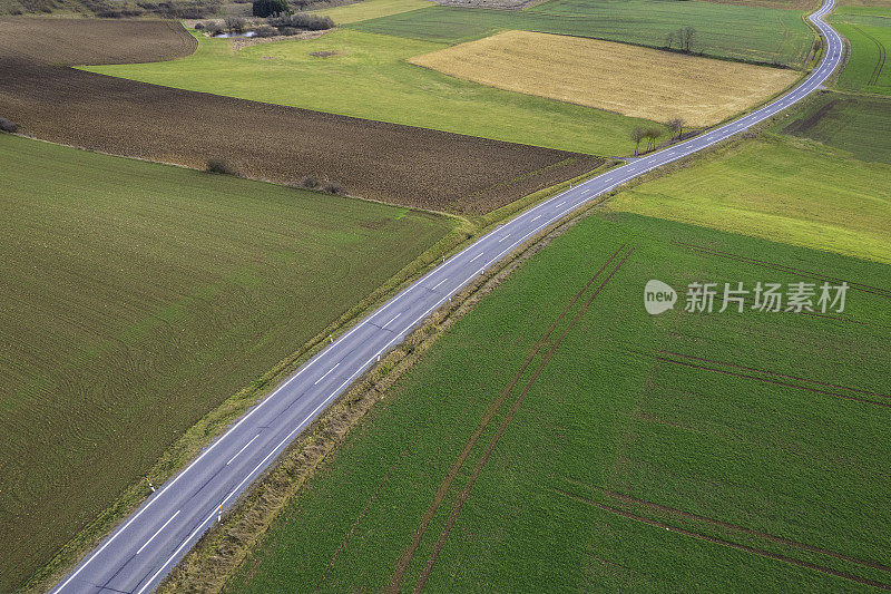 乡村景观中蜿蜒的乡村道路(空中)