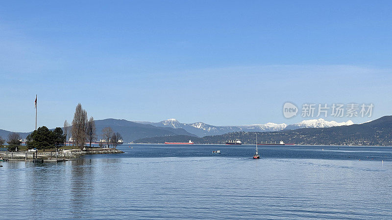 3月一个阳光明媚的日子，温哥华格兰维尔岛的港口，有许多船只和露台