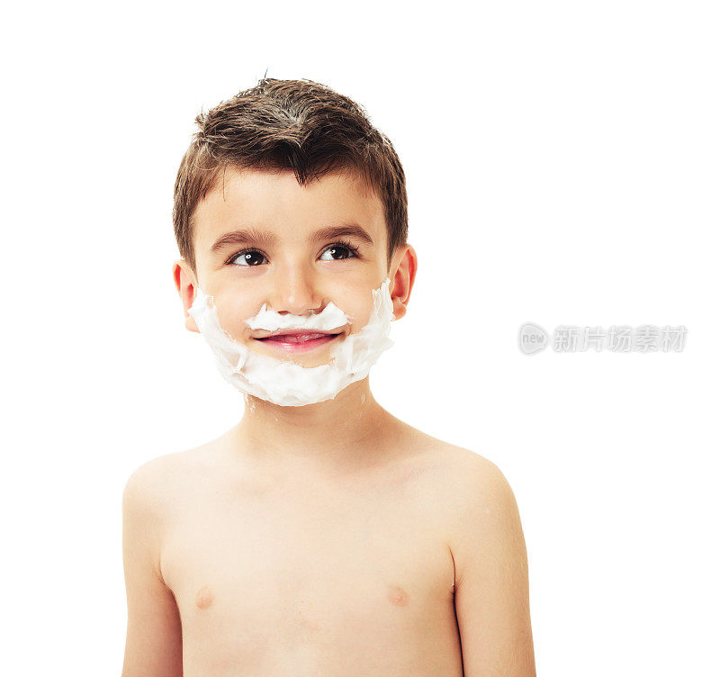 小男孩使用剃须泡沫-股票图像
