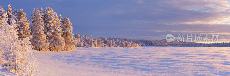 冰冻的湖Äijäjärvi在芬兰拉普兰的冬天日落