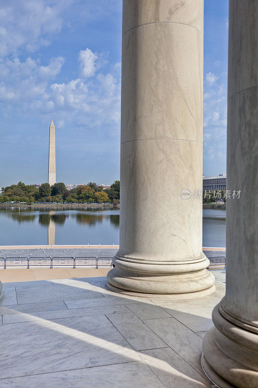 杰弗逊纪念堂和华盛顿纪念碑与潮汐池反射