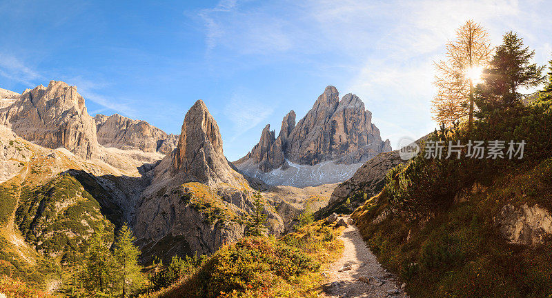 陡峭的小路通向风景秀丽的意大利白云石山