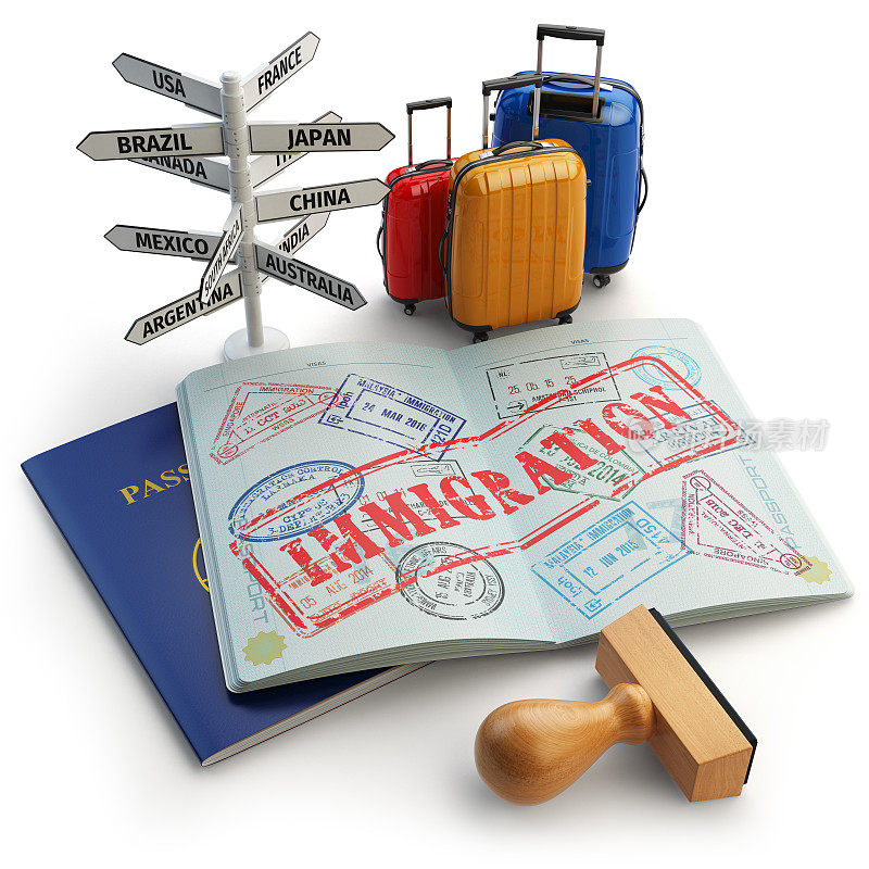 移民的概念。护照和签证，行李和