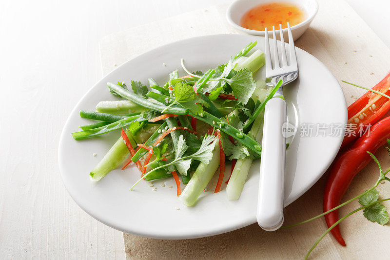 沙拉:黄瓜，绿豆，香菜和辣椒静物
