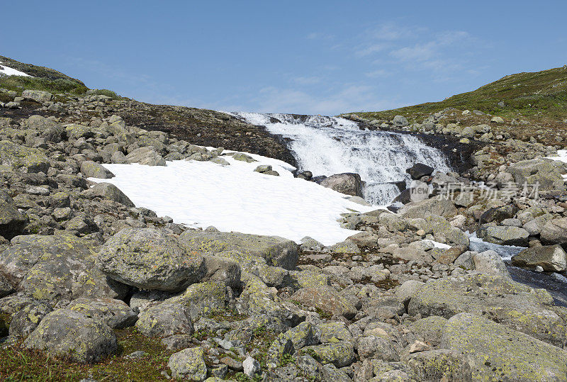 挪威Jotunheimen的雪斑块和融化的雪流