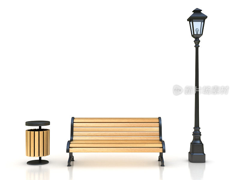 公园长椅、路灯、垃圾桶三维效果图