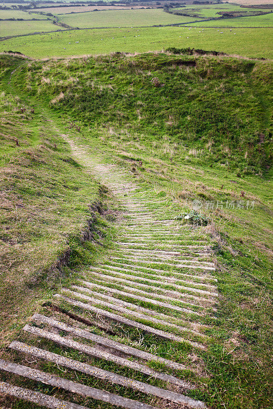 绿色山坡上的木台阶