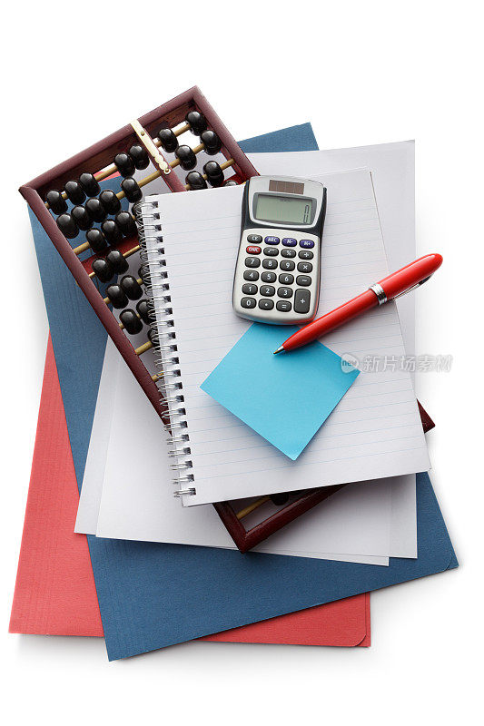 办公室:笔记本，计算器，算盘，文件，钢笔和不干胶笔记