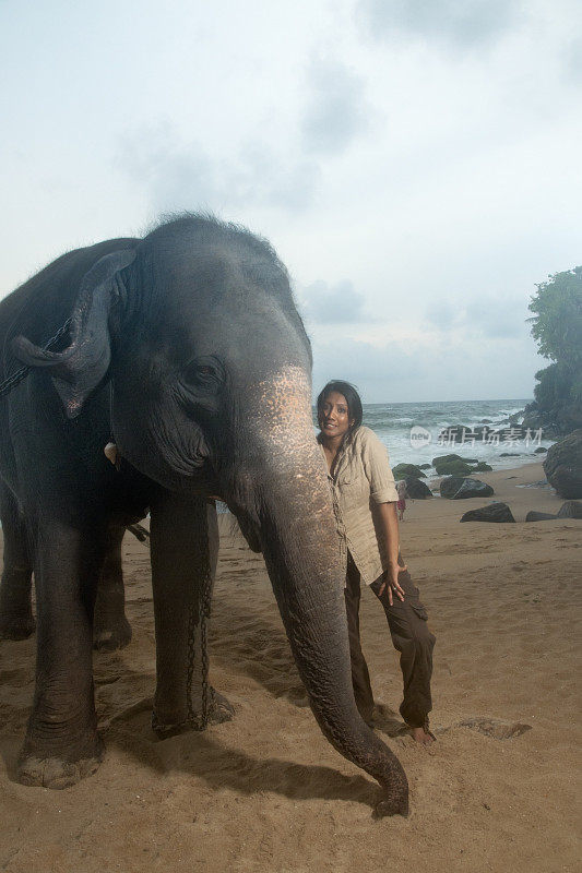 斯里兰卡女人和海滩上的大象