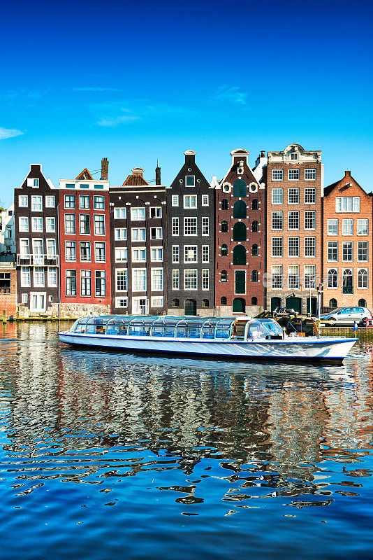 阿姆斯特丹市中心的荷兰房屋、船只和运河