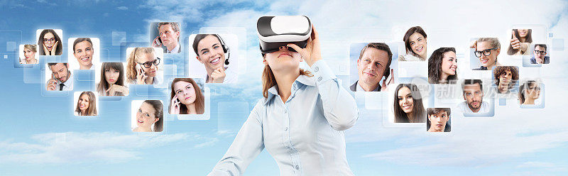 社交网络和全球联系的概念。戴着虚拟现实眼镜的女人。虚拟现实眼镜。360度。