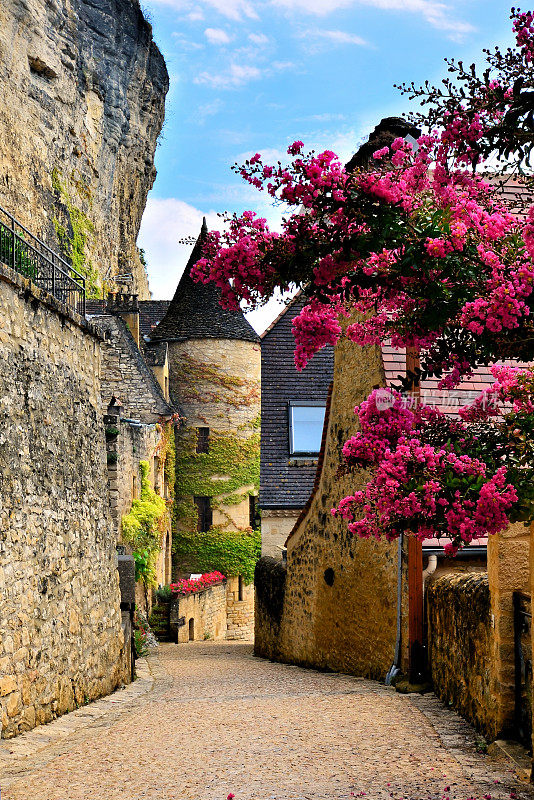 法国多尔多涅，街道上有鲜花和中世纪的塔楼